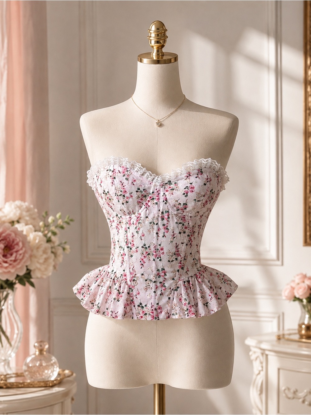 Floral Lace Trim Peplum Bustier Corset Top - White & Pink
